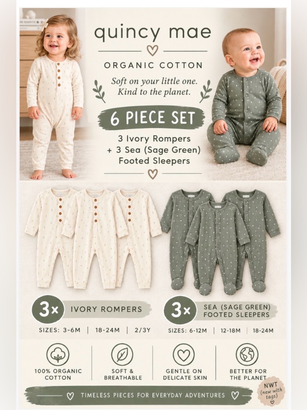 6 Pc Quincy Mae NWT Gift Set, Sizes: 3-6M to 2/3Y, Organic Cotton, Value Bundle